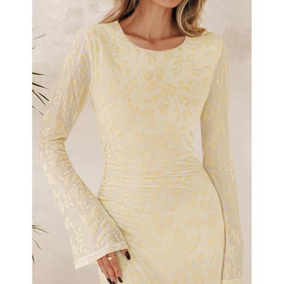 Zesica Women's Beige Yellow Ruched Mesh Long Sleeve Floral Bodycon Dress - Picture 5 of 5